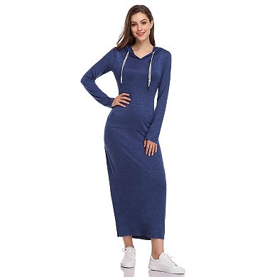 Women's Hooded Drawstring Long Sleeve Side Slit Pocket Knit Maxi Dress