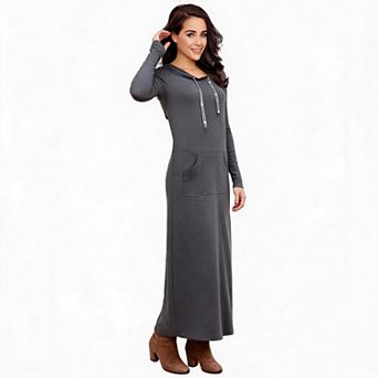 Women's Hooded Drawstring Long Sleeve Side Slit Pocket Knit Maxi Dress