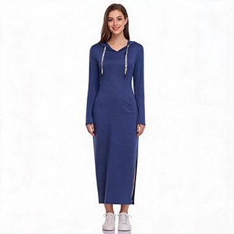Women's Hooded Drawstring Long Sleeve Side Slit Pocket Knit Maxi Dress