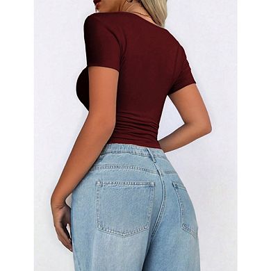 Women's Solid Color U Neck Short Sleeve Slim Fit Basic Crop Top