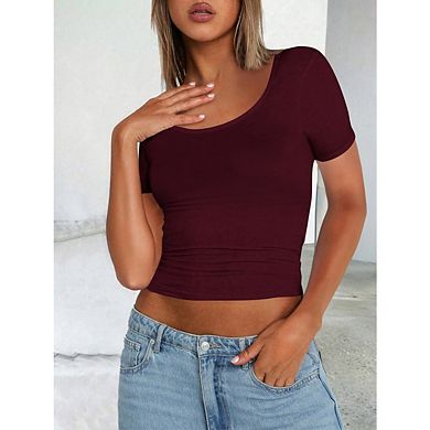 Women's Solid Color U Neck Short Sleeve Slim Fit Basic Crop Top
