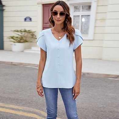 Women's Solid Color V Neck Short Sleeve Loose Chiffon Blouse with Pearl