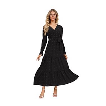 Womens Long Sleeve Wrap V Neck Boho Maxi Dress Casual Ruffle Belted Flowy Long Wedding Guest Dresses