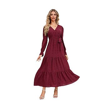 Womens Long Sleeve Wrap V Neck Boho Maxi Dress Casual Ruffle Belted Flowy Long Wedding Guest Dresses