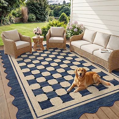 Scalloped Checkered Jute Area Rug Washable Multi-Size Non-Slip Soft Low-Pile Throw Carpet