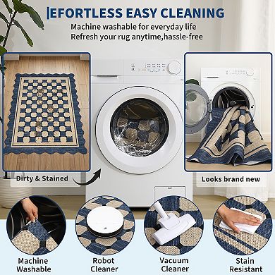Scalloped Checkered Jute Area Rug Washable Multi-Size Non-Slip Soft Low-Pile Throw Carpet