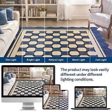 Scalloped Checkered Jute Area Rug Washable Multi-Size Non-Slip Soft Low-Pile Throw Carpet
