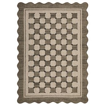 Scalloped Checkered Jute Area Rug Washable Multi-Size Non-Slip Soft Low-Pile Throw Carpet