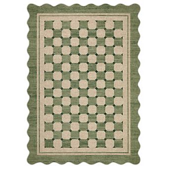 Scalloped Checkered Jute Area Rug Washable Multi-Size Non-Slip Soft Low-Pile Throw Carpet