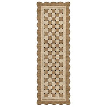 Scalloped Checkered Jute Area Rug Washable Multi-Size Non-Slip Soft Low-Pile Throw Carpet
