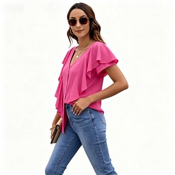 Women's V Neck Long Sleeve Ruffle Front Button Down Blouse Shirt Top