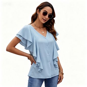 Women's V Neck Long Sleeve Ruffle Front Button Down Blouse Shirt Top