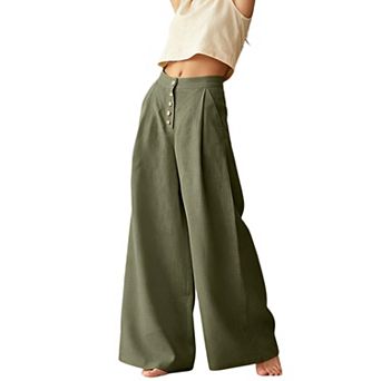 Women's High Waist Linen Wide Leg Pants Front Button Pleated Casual Trousers with Side Pockets