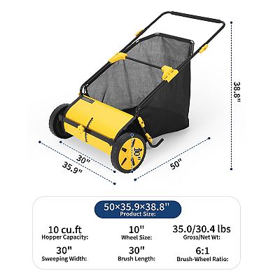 30" Push Lawn Sweeper with Mesh Bag for Outdoor Yard Leaf Clean Up, 10-Level Adjustable Height