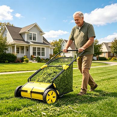 30" Push Lawn Sweeper with Mesh Bag for Outdoor Yard Leaf Clean Up, 10-Level Adjustable Height