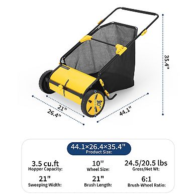 21" Push Lawn Sweeper with Mesh Bag for Outdoor Yard Leaf Clean Up, 10-Level Adjustable Height