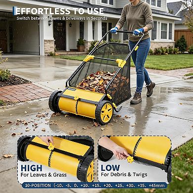21" Push Lawn Sweeper with Mesh Bag for Outdoor Yard Leaf Clean Up, 10-Level Adjustable Height