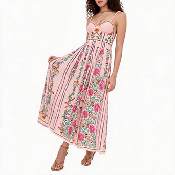 Vertical Floral Midi Dress with Bustier Front and Smocked Back
