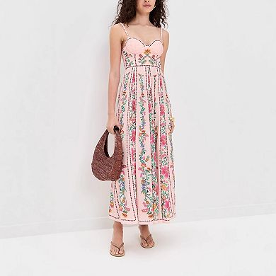 Vertical Floral Midi Dress with Bustier Front and Smocked Back