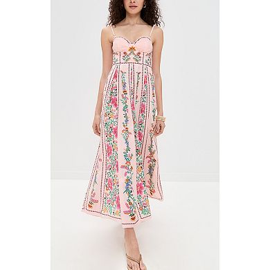 Vertical Floral Midi Dress with Bustier Front and Smocked Back