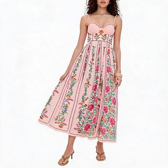 Floral Print Midi Dress with Bustier Front and Smocked Back Panel