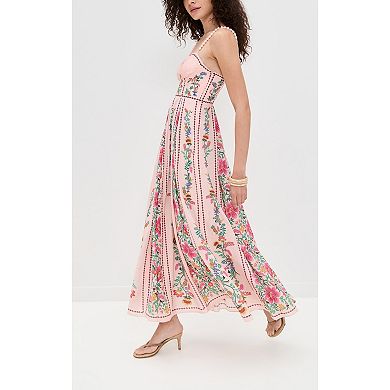 Floral Print Midi Dress with Bustier Front and Smocked Back Panel