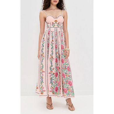 Floral Print Midi Dress with Bustier Front and Smocked Back Panel