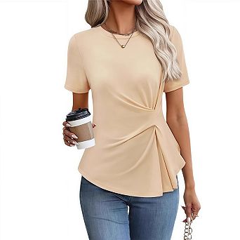 Womens Summer Casual Dressy Peplum Shirts Crew Neck Short Sleeve Trendy Tunic Tops