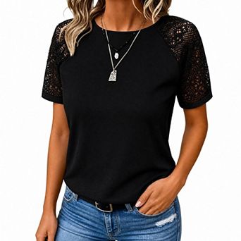 Womens Summer Tops Waffle Knit Lace Hollow Out Short Sleeve T-Shirts Crewneck Casual Basic Blouses