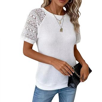 Womens Summer Tops Waffle Knit Lace Hollow Out Short Sleeve T-Shirts Crewneck Casual Basic Blouses