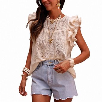 Women's Summer Tops Casual Crewneck Ruffle Sleeve Shirts Lightweight Crochet Lace Tank Top Blouses