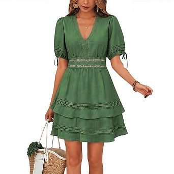Women's Hollow Out Lace V Neck Puff Short Sleeve A Line Layered Summer Short Dresses