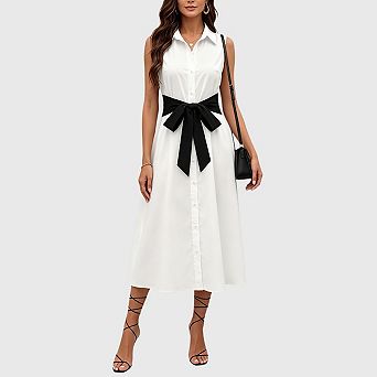 Women's Collared V Neck Sleeveless Button Down Linen Midi Shirt Dress with Belt