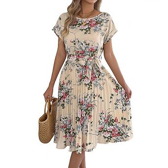 Women's Crew Neck Cap Sleeve Tie Waist A-Line Midi Pleated Dress