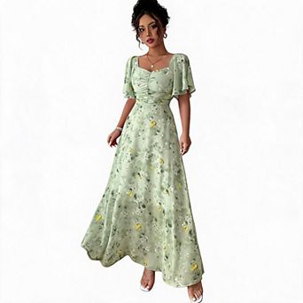 Women's Boho Maxi Dress Printed Flutter Short Sleeve Sweetheart Neck Vacation Tunic A Line Dresses