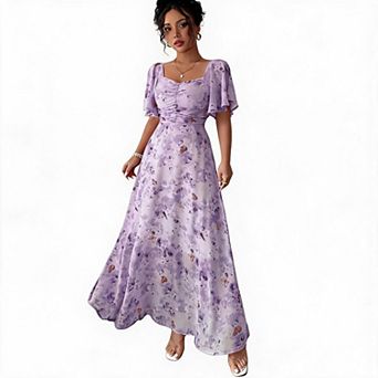 Women's Boho Maxi Dress Printed Flutter Short Sleeve Sweetheart Neck Vacation Tunic A Line Dresses