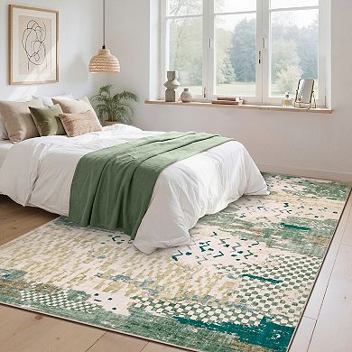 Abstract Machine Washable Area Rug Non-Slip Pet-Friendly Low Pile Carpet