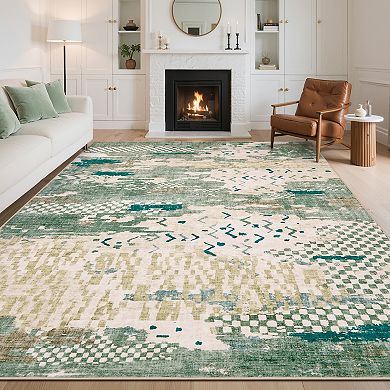 Abstract Machine Washable Area Rug Non-Slip Pet-Friendly Low Pile Carpet