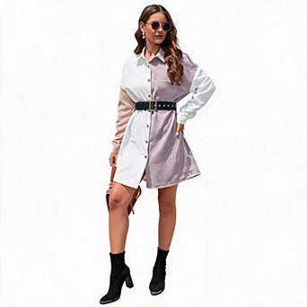 Women's Color Block Corduroy Shirt Dress Long Sleeve Button Down