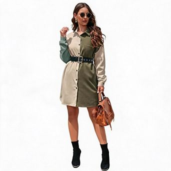 Women's Color Block Corduroy Shirt Dress Long Sleeve Button Down