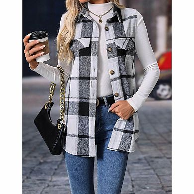 Women's Plaid Sleeveless Collared Pocket Waistcoat Vest