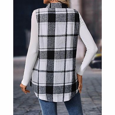 Women's Plaid Sleeveless Collared Pocket Waistcoat Vest