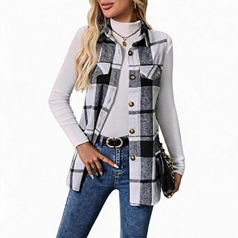 Women's Plaid Sleeveless Collared Pocket Waistcoat Vest