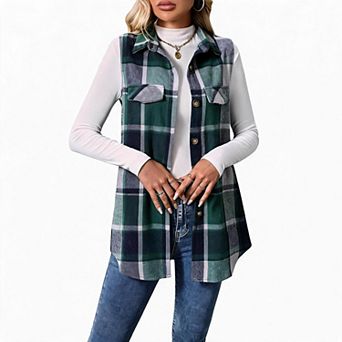 Women's Plaid Sleeveless Collared Pocket Waistcoat Vest