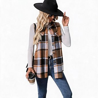 Women's Plaid Sleeveless Collared Pocket Waistcoat Vest