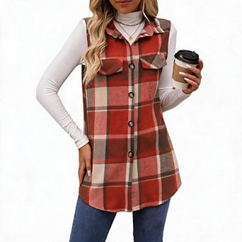 Women's Plaid Sleeveless Collared Pocket Waistcoat Vest
