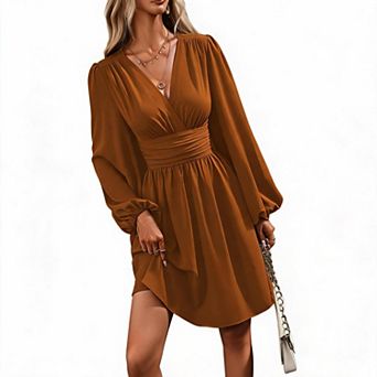 Women's V Neck Long Sleeve Smocked Waist Short Party Dress