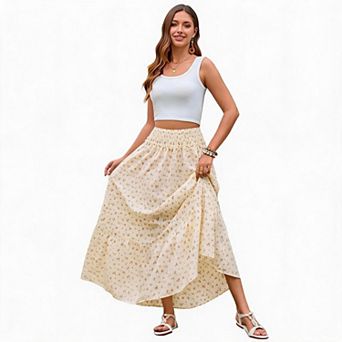 Women's Tiered Ruffle Asymmetrical Long Skirt with Elastic Waist