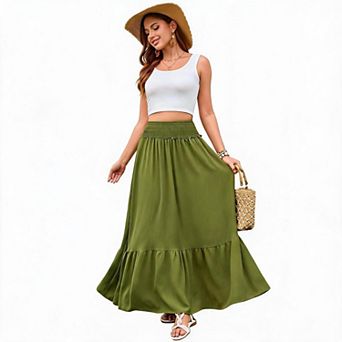 Women's Tiered Ruffle Asymmetrical Long Skirt with Elastic Waist