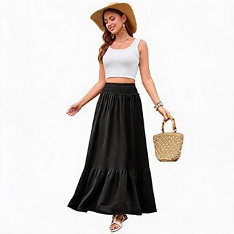 Women's Tiered Ruffle Asymmetrical Long Skirt with Elastic Waist